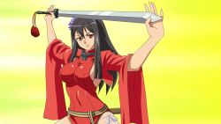 Rule 34 | 10s, 1girl, breasts, dress, jian (weapon), large breasts, queen&#039;s blade, queen&#039;s blade rebellion, red dress, red eyes, simple background, smile, solo, sword, tarnyang (queen&#039;s blade), underwear, weapon