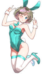 Rule 34 | 1girl, ;p, animal ears, aqua footwear, aqua leotard, aqua necktie, arm up, bare arms, bare shoulders, blue eyes, blush, breasts, brown hair, closed mouth, commentary request, detached collar, double v, fake animal ears, fake tail, floating hair, full body, groin, hand up, high heels, highleg, highleg leotard, legs up, leotard, looking at viewer, love live!, love live! superstar!!, medium breasts, multicolored hair, necktie, one eye closed, pettan p, pink hair, playboy bunny, pumps, rabbit ears, rabbit tail, short hair, short necktie, simple background, solo, strapless, strapless leotard, tail, tang keke, thighhighs, tongue, tongue out, two-tone hair, v, white background, white thighhighs, wrist cuffs