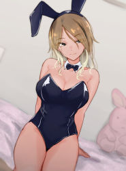 Rule 34 | 1girl, absurdres, alternate costume, animal ears, arm support, arms behind back, bare shoulders, bed sheet, black bow, black bowtie, black leotard, blonde hair, bow, bowtie, breasts, brown hair, cleavage, collarbone, detached collar, dutch angle, fake animal ears, hair between eyes, highres, idolmaster, idolmaster shiny colors, indoors, izumi mei, large breasts, leotard, light smile, looking at viewer, on bed, playboy bunny, rabbit ears, sitting, solo, stuffed animal, stuffed rabbit, stuffed toy, unu (unucence)