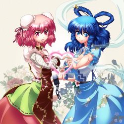 Rule 34 | 2girls, absurdres, bandages, blue eyes, blue hair, breasts, bun cover, chain, chinese clothes, cuffs, double bun, dress, female focus, flower, hair ornament, hair rings, hair stick, holding hands, heart, heart hands, heart hands duo, highres, ibaraki kasen, kaku seiga, large breasts, multiple girls, open mouth, pink eyes, pink hair, puffy sleeves, raionsan, rose, shawl, short hair, short sleeves, skirt, smile, tabard, touhou, vest