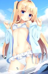 Rule 34 | 1girl, bikini, blonde hair, blue eyes, blue jacket, blue sky, breasts, cloud, collarbone, day, drawstring, frilled bikini, frills, hair intakes, highres, hiragana iroiro, hood, hooded jacket, jacket, long hair, long sleeves, open clothes, open jacket, original, outdoors, sky, small breasts, solo, standing, striped bikini, striped clothes, swimsuit, two side up, wading, water, white bikini
