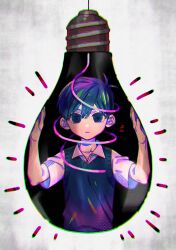 Rule 34 | 1boy, arms up, black eyes, black hair, black sweater vest, closed mouth, collared shirt, expressionless, highres, light bulb, looking at viewer, male focus, omori, shirt, short hair, short sleeves, solo, sunny (omori), sweater vest, toastytoast, white shirt