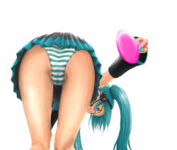 Rule 34 | 1girl, aqua hair, ass, bent over, chairopen, glasses, hand mirror, hatsune miku, headset, looking back, mirror, panties, skirt, solo, striped clothes, striped panties, underwear, vocaloid