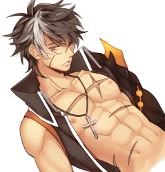Rule 34 | 1boy, bad id, bad pixiv id, black hair, cross, cross necklace, elsword, jewelry, limble, male focus, multicolored hair, muscular, necklace, nipples, raven cronwell, reckless fist (elsword), scar, topless male, solo, streaked hair, two-tone hair, vest, white background, white hair, yellow eyes