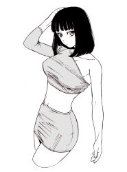 Rule 34 | 1girl, asymmetrical sleeves, bad id, bad pixiv id, black hair, breasts, closed mouth, collarbone, crop top, dende (dndn222), greyscale, hand on own head, highres, large breasts, looking at viewer, medium hair, monochrome, navel, original, scan, scan artifacts, shirt, skirt, solo, standing, stomach, thighs, traditional media