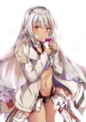 Rule 34 | 1girl, altera (fate), blush, bodypaint, box, closed mouth, coat, commentary request, dark-skinned female, dark skin, fate (series), fingernails, fur trim, gift, gift box, highres, holding, konka, long sleeves, looking at viewer, nail polish, navel, open clothes, open coat, red eyes, short hair, silver hair, simple background, smile, solo, standing, valentine, veil, white background