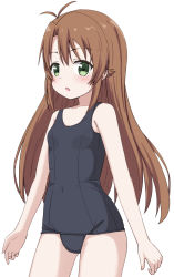 Rule 34 | 1girl, antenna hair, artist request, bare shoulders, black one-piece swimsuit, blush, breasts, brown hair, collarbone, covered navel, dot nose, female focus, green eyes, groin, highres, koshigaya komari, long hair, looking at viewer, non non biyori, one-piece swimsuit, open mouth, simple background, small breasts, solo, standing, swimsuit, white background