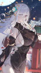 Rule 34 | 1girl, absurdres, bare shoulders, black dress, blue eyes, blue hair, breasts, detached sleeves, dress, genshin impact, grey hair, hair ornament, hair over one eye, hand fan, highres, holding, holding fan, large breasts, long hair, long sleeves, looking at viewer, multiple girls, night, night sky, official alternate costume, shenhe (frostflower dew) (genshin impact), shenhe (genshin impact), sky, sleeveless, sleeveless dress, solo, thighs, uaxa2334, very long hair, white hair