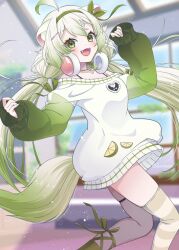 Rule 34 | 1girl, ahoge, animal ears, asymmetrical legwear, clothing cutout, dress, eyeshadow, fangs, ferret ears, ferret girl, ferret tail, food, food-themed necklace, fruit, gradient hair, gradient tail, green eyes, green eyeshadow, green hair, green ribbon, hair ornament, hair ribbon, hairclip, headphones, headphones around neck, heart cutout, highres, jewelry, laimu (vtuber), lime (fruit), lime necklace, lime slice, long hair, long sleeves, looking at viewer, low twintails, makeup, mismatched legwear, multicolored hair, necklace, off-shoulder sweater, off shoulder, open mouth, ribbon, saraemiii en, single thighhigh, sleeves past wrists, smile, solo, striped clothes, striped thighhighs, sweater, sweater dress, thighhighs, twintails, unworn headphones, very long hair, vinesauce, virtual youtuber, white hair