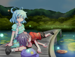 Rule 34 | 2girls, blue eyes, blue hair, breasts, bug, closed eyes, dock, dress, expressive clothes, female focus, fireflies, firefly, hair ornament, hair rings, hair stick, hand on another&#039;s head, hat, unworn hat, unworn headwear, insect, jiangshi, kaku seiga, kikurage (sugi222), lap pillow, lily pad, miyako yoshika, multiple girls, ofuda, open mouth, outstretched arms, short hair, smile, sugi222, touhou, vest, water, zombie pose