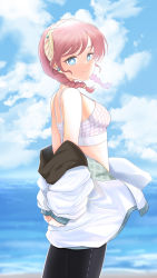 Rule 34 | 1girl, absurdres, arknights, black pants, blue eyes, blue poison (arknights), blue poison (shoal beat) (arknights), blue sky, braid, caibao return, cloud, cloudy sky, day, from side, highres, jacket, looking at viewer, ocean, official alternate costume, open clothes, open jacket, outdoors, pants, pink hair, sky, smile, solo, sports bra, twin braids