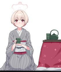 Rule 34 | 1girl, bag (chrko bag), blonde hair, blue archive, blush, cup, grey kimono, grey sash, halo, highres, holding, holding cup, japanese clothes, kimono, kotatsu, long sleeves, looking at viewer, nodoka (blue archive), nodoka (hot spring) (blue archive), obi, obiage, obijime, official alternate costume, purple sash, red eyes, red halo, sash, seiza, short hair, simple background, sitting, smile, solo, table, teapot, white background