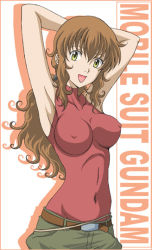 Rule 34 | 00s, 1girl, armpits, arms behind head, breasts, brown hair, christina sierra, covered erect nipples, covered navel, gundam, gundam 00, hanzou, large breasts, long hair, open mouth, smile, solo, yellow eyes