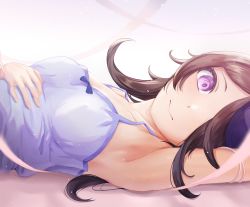 Rule 34 | 1girl, absurdres, armpit crease, breasts, brown hair, camisole, closed mouth, hair over one eye, hand on own stomach, hat, highres, long hair, looking at viewer, looking to the side, lying, on back, purple eyes, rice shower (umamusume), small breasts, solo, string, umamusume, upper body, yonemochi yume