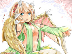 Rule 34 | 1girl, bare shoulders, blue eyes, breasts, choker, commentary request, dragon girl, dragon wings, echidna (sennen sensou aigis), flower, hair flower, hair ornament, koko (hm142533), large breasts, light brown hair, navel, outstretched arm, pointing, sennen sensou aigis, sitting, wings
