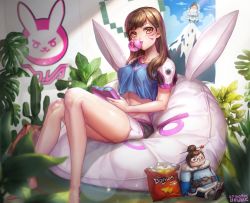Rule 34 | 10s, 1girl, 2016, bare legs, barefoot, bean bag chair, box (hotpppink), breasts, brown eyes, brown hair, blowing bubbles, character doll, chewing gum, controller, crop top, crop top overhang, d.va (overwatch), dated, doll, doritos, emblem, facial mark, game controller, holding, knees together feet apart, legs, lens flare, long hair, looking at viewer, mei (overwatch), midriff, overwatch, overwatch 1, plant, poster (object), product placement, short shorts, short sleeves, shorts, sitting, solo, thighs, whisker markings