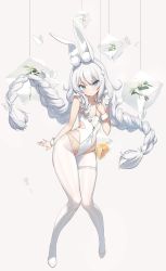 Rule 34 | &gt; &lt;, 1girl, animal ear fluff, animal ears, azur lane, banned artist, blue eyes, braid, closed mouth, clothing cutout, commentary, covered navel, dai nikucho, flats, frills, frozen, full body, grey background, grey hair, hand on own chest, hand up, highres, ice, ice cube, knees, knees together feet apart, le malin (azur lane), le malin (listless lapin) (azur lane), legs, leotard, long hair, looking at viewer, manjuu (azur lane), pantyhose, plant, rabbit ears, simple background, standing, string, thigh strap, thighs, twin braids, white footwear, white leotard, white pantyhose, wrist cuffs