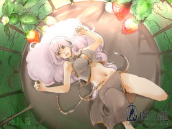 Rule 34 | 1girl, blue eyes, breasts, cage, food, fruit, headphones, large breasts, long hair, lying, megurine luka, midriff, navel, on back, pink hair, sachio, side slit, solo, strawberry, vocaloid