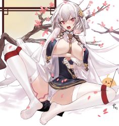 Rule 34 | 1girl, alternate costume, areola slip, azur lane, bird, bound, bound knees, breast curtains, breasts, chick, feet, female focus, full body, gloves, heart, heart-shaped pupils, highres, large breasts, looking at viewer, medium hair, no shoes, open mouth, panties, pelvic curtain, prossss, pussy juice, red eyes, revealing clothes, sex toy, silver hair, sirius (azur lane), sirius (azure horizons) (azur lane), solo, symbol-shaped pupils, thighhighs, underwear, vibrator, vibrator in thighhighs, vibrator under clothes, vibrator under panties, white gloves, white panties, white thighhighs