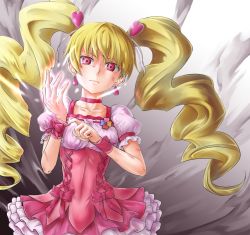 Rule 34 | 00s, 1girl, blonde hair, bow, choker, corset, cure peach, fresh precure!, grey background, hair ornament, hairpin, heart, heart hair ornament, ko-soku baita, long hair, magical girl, momozono love, pink bow, pink eyes, precure, ribbon, serious, solo, twintails, wrist cuffs