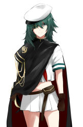 Rule 34 | 10s, 1girl, aiguillette, anchor symbol, arm at side, belt pouch, black cape, brown gloves, cape, clenched hand, cowboy shot, eyepatch, gloves, green eyes, green hair, hair between eyes, hat, highres, kantai collection, kiso (kancolle), legs apart, long hair, looking at viewer, morinaga miki, neckerchief, pleated skirt, pouch, red neckerchief, sailor hat, school uniform, serafuku, sheath, sheathed, shirt, short hair, short sleeves, simple background, skirt, sleeve cuffs, solo, standing, sword, weapon, white background, white hat, white shirt, white skirt