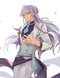 Rule 34 | 10s, 1boy, bad id, bad pixiv id, blue eyes, braid, buttons, cowboy shot, double-breasted, ensemble stars!, grey eyes, haun, hibiki wataru, long hair, looking at viewer, male focus, parted lips, sash, simple background, smile, solo, waistcoat, white background