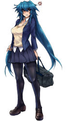 Rule 34 | 1girl, anger vein, angry, bag, blue hair, long hair, school uniform, sharp teeh, simple background, skj, white background
