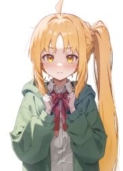 Rule 34 | 1girl, blonde hair, blush, bocchi the rock!, bow, bowtie, closed mouth, collared shirt, green jacket, highres, hood, hooded jacket, ijichi nijika, jacket, long hair, looking at viewer, open clothes, open jacket, polka dot, polka dot bow, red bow, red bowtie, shirt, simple background, solo, tsukasa2048, upper body, white background, white shirt, yellow eyes