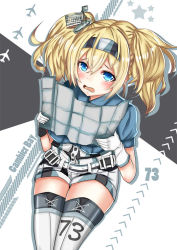 Rule 34 | 1girl, blonde hair, blue eyes, blue shirt, breast pocket, breasts, character name, collared shirt, cowboy shot, gambier bay (kancolle), hair between eyes, hairband, himura moritaka, kantai collection, large breasts, long hair, map (object), open mouth, pocket, shirt, short sleeves, shorts, sitting, solo, thighhighs, twintails, white thighhighs