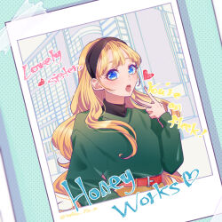 Rule 34 | !, 1girl, absurdres, alternate hairstyle, arm at side, belt, belt buckle, black hairband, black shirt, blonde hair, blue eyes, blunt bangs, buckle, building, casual, commentary, copyright name, dotted background, english text, green sweater, hairband, heart, highres, honeyworks, kokuhaku jikkou iinkai, blue background, long hair, narumi sena, open mouth, outdoors, photo (object), purikura, red belt, shirt, solo, sophia pie 12, sweater, turtleneck, upper body, v, wavy hair