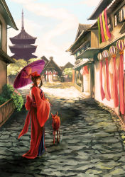 Rule 34 | 1girl, absurdres, animal, architecture, bad id, bad pixiv id, blue sky, brown eyes, brown hair, day, deer, east asian architecture, from behind, highres, japanese clothes, kimono, long hair, oil-paper umbrella, original, outdoors, pagoda, parasol, path, road, sky, smile, solo, standing, tsuyomaru, umbrella