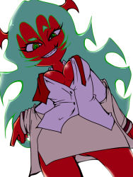 Rule 34 | 10s, 1girl, aqua hair, breasts, cleavage, colored skin, demon girl, fang, horns, long hair, nabe (ingenmame), official style, open clothes, panty &amp; stocking with garterbelt, red skin, scanty (psg), skirt, solo, undressing, yellow eyes