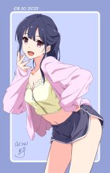 Rule 34 | 1girl, :d, blue hair, breasts, camisole, cleavage, collarbone, dated, dolphin shorts, hand on own hip, hand up, highres, jacket, leaning forward, long hair, long sleeves, looking at viewer, midriff, navel, nii manabu, open mouth, original, outside border, pink eyes, pink jacket, ponytail, purple background, short shorts, shorts, signature, simple background, smile, solo, standing, yellow camisole