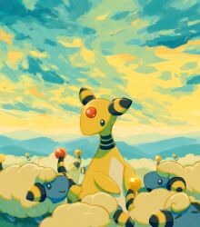 Rule 34 | all fours, ampharos, aruco co, blue skin, colored skin, creatures (company), evolutionary line, forehead jewel, game freak, gen 2 pokemon, looking down, looking up, mareep, nintendo, outdoors, pokemon, pokemon (creature), sheep, standing, tail, yellow skin