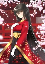 Rule 34 | 1girl, absurdres, architecture, black hair, black hakama, blurry, blurry foreground, cherry blossoms, east asian architecture, floral print, gloves, hakama, hakama skirt, highres, i.f.s.f, japanese clothes, kimono, long hair, looking at viewer, original, red kimono, skirt, smile, solo, very long hair, white gloves, wide sleeves, yellow eyes