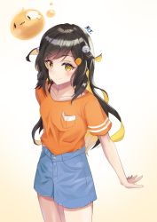 Rule 34 | 1girl, absurdres, artist logo, bell, black hair, blonde hair, blue skirt, denim, denim skirt, fuugen, hair bell, hair ornament, hairclip, highres, long hair, multicolored hair, orange t-shirt, outstretched arms, shirt, short twintails, signature, skirt, slime, smile, solo, standing, streamer, t-shirt, taemtaembeorin, tagme, tam tambourine, twintails, yellow eyes