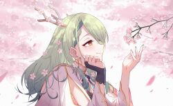 Rule 34 | 1girl, antlers, braid, branch, ceres fauna, ceres fauna (1st costume), cherry blossoms, french braid, green hair, green nails, highres, hololive, hololive english, horns, long hair, mole, mole under eye, profile, profnote, smile, solo, tree, upper body, virtual youtuber, yellow eyes