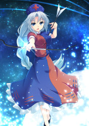 Rule 34 | 1girl, arrow (projectile), blue eyes, bow (weapon), braid, braided ponytail, breasts, cross, cross (crossryou), dress, glint, hat, light particles, long hair, looking at viewer, medium breasts, nurse cap, open mouth, puffy short sleeves, puffy sleeves, red cross, shooting star, short sleeves, silver hair, single braid, sky, solo, standing, star (sky), starry sky, touhou, trigram, very long hair, weapon, yagokoro eirin