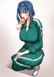 Rule 34 | 1girl, absurdres, alternate costume, blue eyes, blue hair, bow, bow earrings, breasts, cookie, earrings, food, full body, green pants, green track suit, hair intakes, hairband, hand up, highres, holding, holding cookie, holding food, hololive, hololive english, jacket, jewelry, large breasts, licking, ouro kronii, pants, shoes, short hair, solo, squatting, squid game, tongue, tongue out, track jacket, track pants, virtual youtuber, white footwear, zenya, zipper