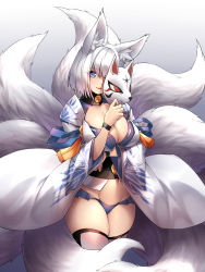 Rule 34 | 1girl, animal ears, azur lane, blue eyes, blue panties, breast hold, breasts, cleavage, cleavage cutout, clothing cutout, cowboy shot, fox ears, fox mask, fox tail, gradient background, highres, japanese clothes, kaga (azur lane), kitsune, kyuubi, large breasts, looking at viewer, mask, multiple tails, naidong (artist), navel, panties, parted lips, ribbon trim, shirt, short hair, simple background, smile, solo, striped clothes, striped shirt, tail, tassel, thighhighs, underwear, vertical-striped clothes, vertical-striped shirt, white hair, white thighhighs, wide sleeves, wristband