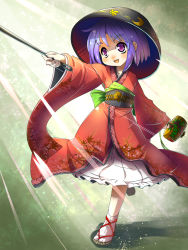 Rule 34 | 1girl, bowl, bowl hat, floral print, hammer, hat, japanese clothes, kimono, leg up, long sleeves, miracle mallet, needle, obi, open mouth, outstretched arms, purple eyes, purple hair, sash, smile, solo, sukuna shinmyoumaru, touhou, umigarasu (kitsune1963), wide sleeves
