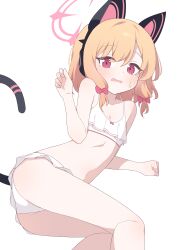 Rule 34 | 1girl, absurdres, animal ear headphones, animal ears, ass, bare arms, bare legs, bare shoulders, bikini, blonde hair, blue archive, blush, bow, cat tail, collarbone, fake animal ears, feet out of frame, frilled bikini, frills, hagoonha, hair bow, halo, headphones, highres, looking at viewer, momoi (blue archive), navel, open mouth, pink halo, red bow, red eyes, short hair, simple background, solo, swimsuit, tail, white background, white bikini