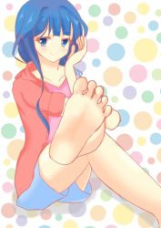 Rule 34 | 10s, 1girl, abstract background, adagaki aki, artist request, barefoot, blue eyes, blue hair, blue shorts, collarbone, colored eyelashes, feet, foot focus, crossed legs, long hair, looking at viewer, masamune-kun no revenge, patterned background, shorts, sitting, smile, soles, solo, toes