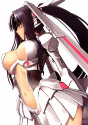 Rule 34 | 10s, 1girl, absurdres, black hair, breasts, from side, grey eyes, hair ornament, highres, large breasts, long hair, navel, phantom queen ex-xecty, ponytail, revealing clothes, sega, shining (series), shining hearts, simple background, solo, tony taka, white background