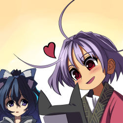 Rule 34 | 2girls, ahoge, blue bow, blush, bow, commentary request, debt, gradient background, grey hoodie, hair between eyes, hair bow, head tilt, heart, holding, holding stuffed toy, hood, hoodie, japanese clothes, kimono, looking at another, multiple girls, no headwear, open mouth, parted lips, purple hair, red eyes, red kimono, short hair, smile, stuffed animal, stuffed cat, stuffed toy, sukuna shinmyoumaru, syope, touhou, upper body, white background, yellow background, yorigami shion