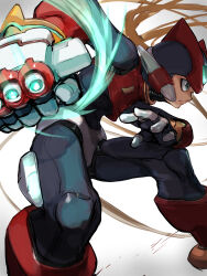 Rule 34 | 1boy, absurdres, armor, black eyes, blonde hair, brass knuckles, clenched hand, forehead jewel, from side, helmet, highres, holding, long hair, looking ahead, male focus, mechanical parts, mega man (series), mega man zero (series), omochi (mochi skymega), red armor, red helmet, solo, weapon, z saber, zero(z) (mega man), zero (mega man)
