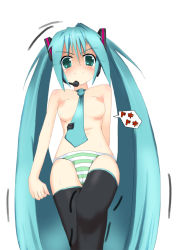 Rule 34 | 1girl, aqua hair, breasts, hatsune miku, long hair, mi ro, nipples, panties, small breasts, solo, striped clothes, striped panties, thighhighs, topless, twintails, underwear, very long hair, vocaloid