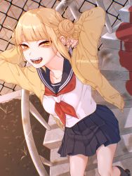 Rule 34 | 10s, 1girl, bad id, bad pixiv id, blonde hair, blunt bangs, boku no hero academia, chromatic aberration, commentary request, double bun, fangs, hair bun, looking at viewer, messy hair, mizuki mau, open clothes, open mouth, school uniform, serafuku, short hair, skirt, solo, stairs, toga himiko, yellow eyes