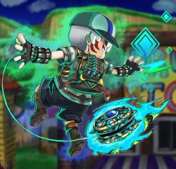 1boy alternate_color alternate_costume armor aura backpack bag baseball_cap blue_gemstone cloud commentary corruption creatures_(company) crescent crescent_print crossover dark_persona english_commentary english_text facial_mark facial_tattoo facing_away fierce_deity fingerless_gloves fire frown gem gloves glowing glowing_weapon hal_laboratory hat highres holding holding_weapon looking_to_the_side mother_(game) mother_2 ness_(mother_2) nintendo no_pupils outdoors possessed possession serious shigesato_itoi short_hair sign spikes stoic_seraphim super_smash_bros. tattoo the_legend_of_zelda the_legend_of_zelda:_majora&#039;s_mask triangle triangle_print weapon white_eyes white_hair wrist_guards yo-yo