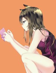 Rule 34 | animal ears, blue eyes, breasts, brown hair, cat ears, closed mouth, colored skin, dress, game console, glasses, hair over shoulder, handheld game console, holding, hunched over, legs apart, long hair, looking down, medium breasts, nintendo ds, orange background, original, pink shirt, purple dress, red-framed eyewear, shadow, shirt, simple background, solo, sonechka, staring, thighs, undershirt, white skin